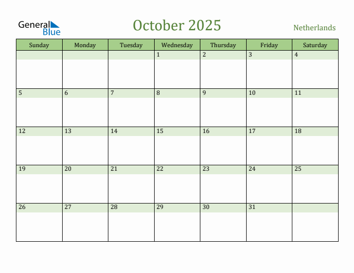 October 2025 Calendar with The Netherlands Holidays