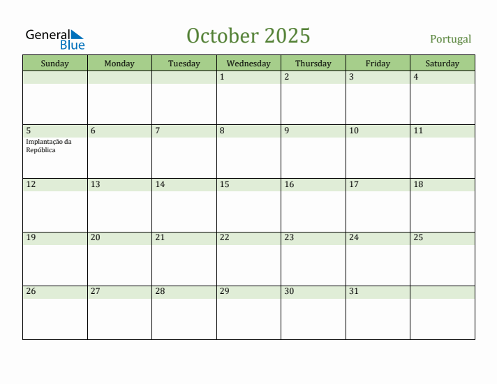 October 2025 Calendar with Portugal Holidays