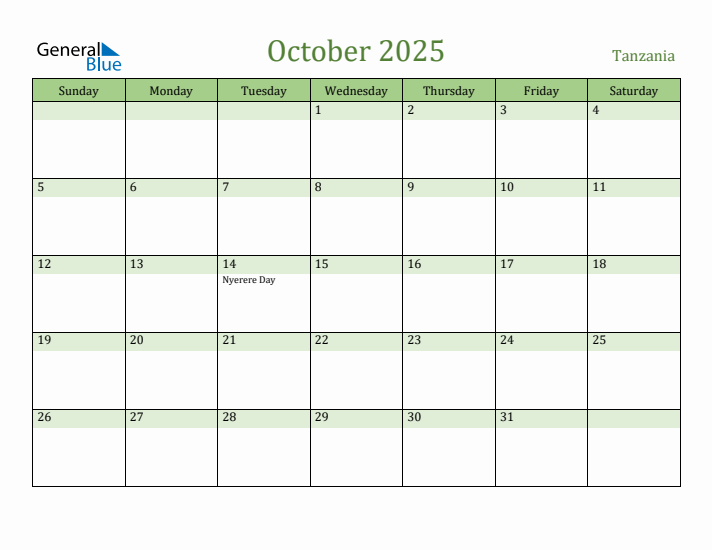 October 2025 Calendar with Tanzania Holidays