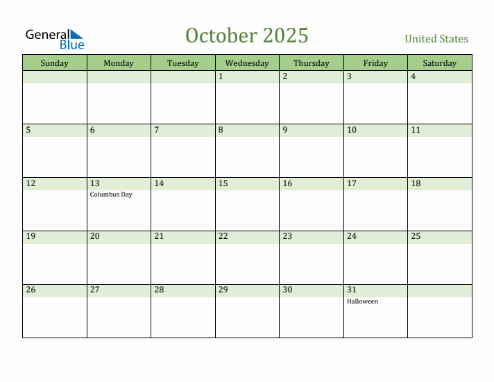 October 2025 Monthly Calendar with United States Holidays