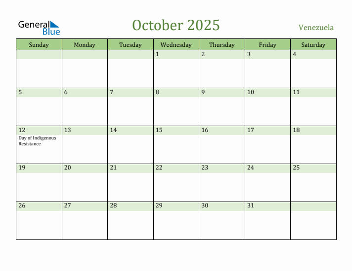 October 2025 Calendar with Venezuela Holidays