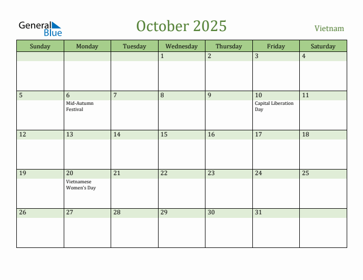 October 2025 Calendar with Vietnam Holidays