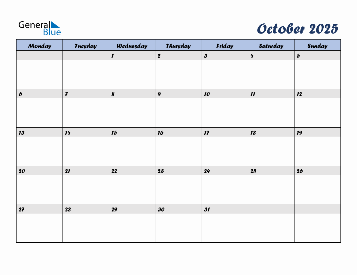 Free October 2025 Monthly Editable Calendar, starting on Monday