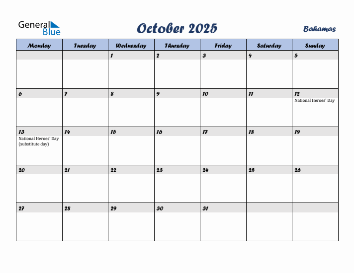 October 2025 Calendar with Holidays in Bahamas
