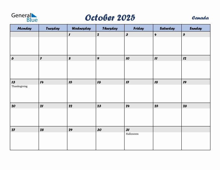 October 2025 Calendar with Holidays in Canada