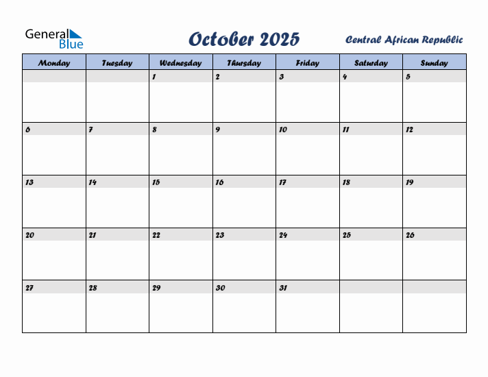 October 2025 Calendar with Holidays in Central African Republic