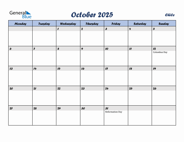 October 2025 Calendar with Holidays in Chile