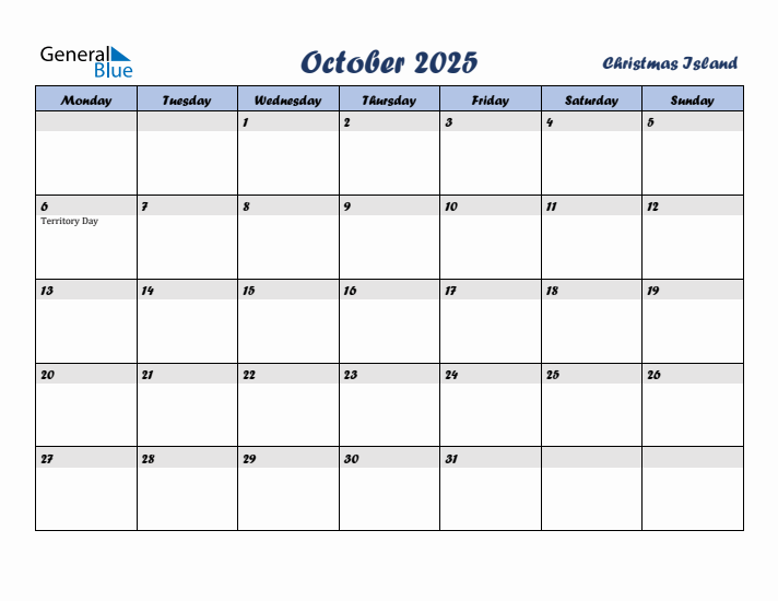 October 2025 Calendar with Holidays in Christmas Island