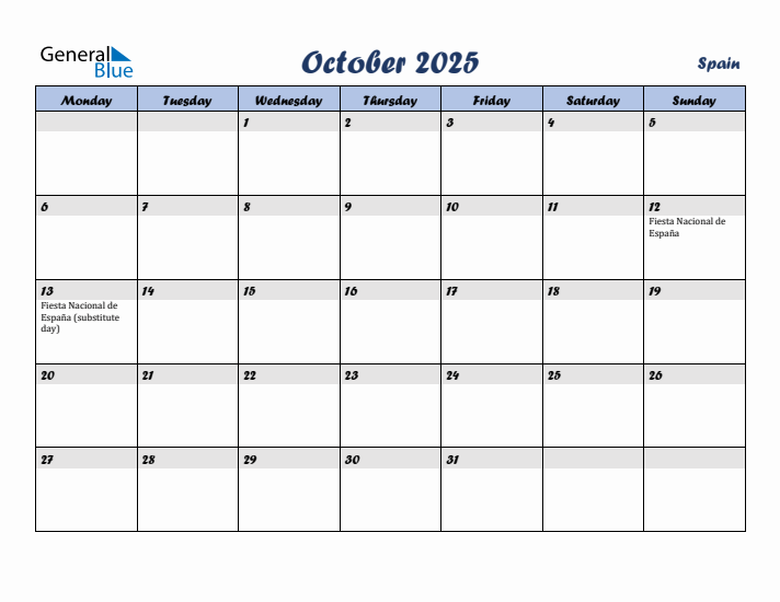 October 2025 Calendar with Holidays in Spain