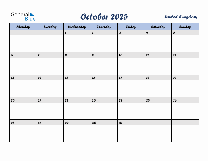 October 2025 Calendar with Holidays in United Kingdom