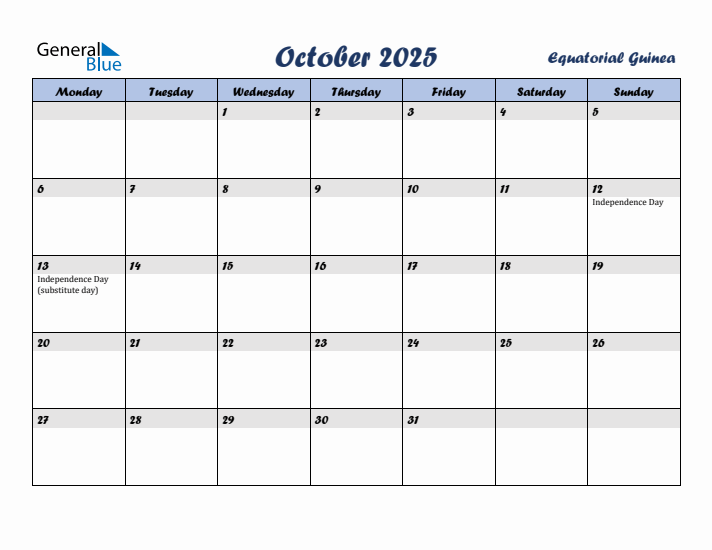 October 2025 Calendar with Holidays in Equatorial Guinea