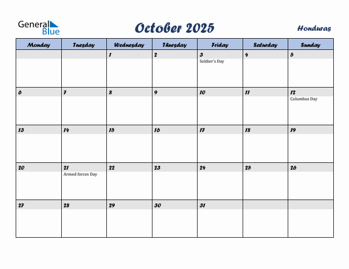 October 2025 Calendar with Holidays in Honduras