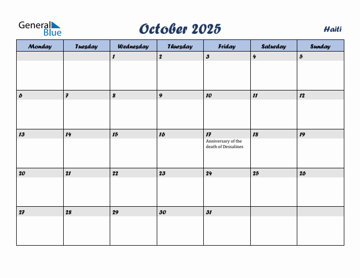 October 2025 Calendar with Holidays in Haiti