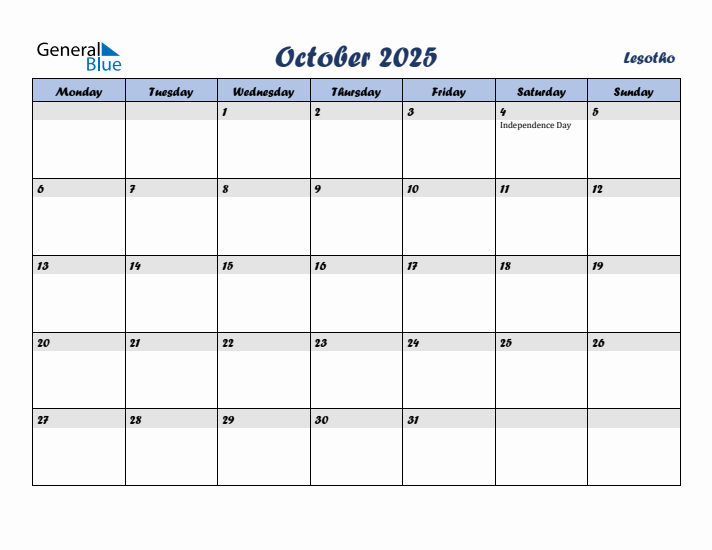 October 2025 Calendar with Holidays in Lesotho