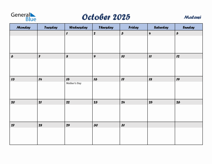 October 2025 Calendar with Holidays in Malawi