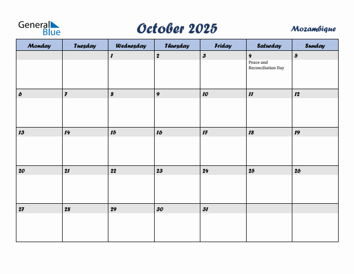 October 2025 Calendar with Holidays in Mozambique