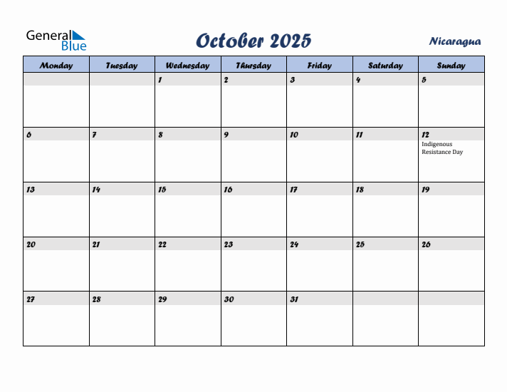 October 2025 Calendar with Holidays in Nicaragua