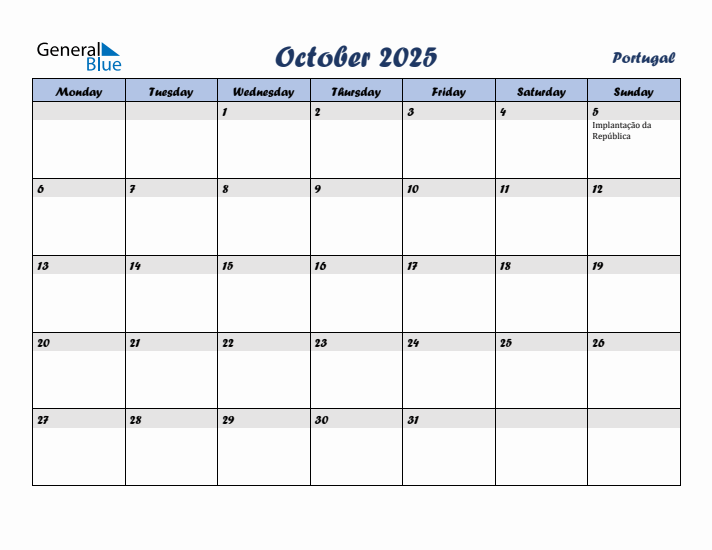 October 2025 Calendar with Holidays in Portugal