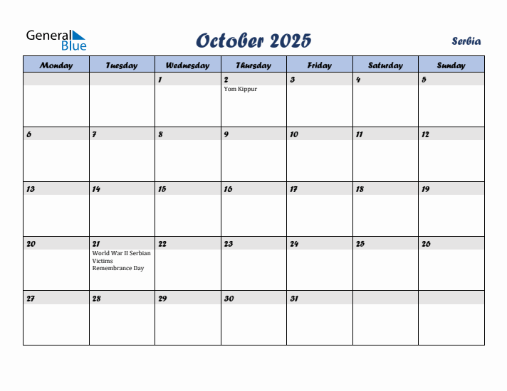 October 2025 Calendar with Holidays in Serbia