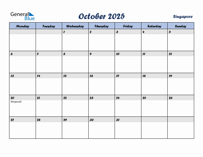 October 2025 Calendar with Holidays in Singapore