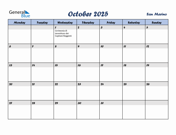 October 2025 Calendar with Holidays in San Marino