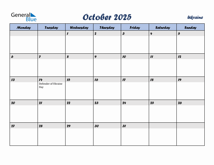 October 2025 Calendar with Holidays in Ukraine