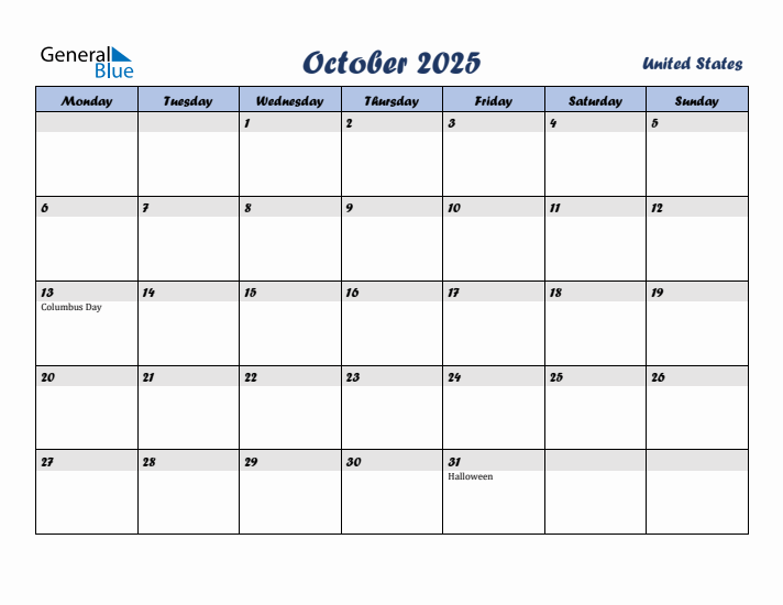 October 2025 Calendar with Holidays in United States