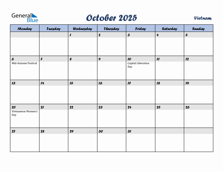 October 2025 Calendar with Holidays in Vietnam