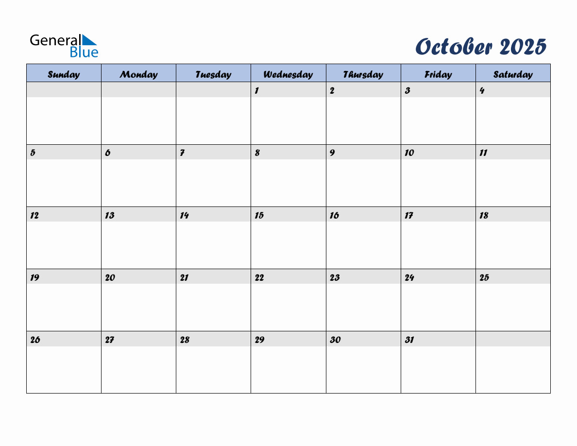 Free October 2025 Monthly Editable Calendar, starting on Sunday