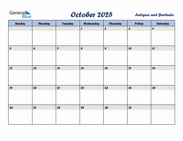 October 2025 Calendar with Holidays in Antigua and Barbuda
