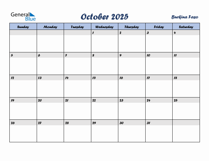 October 2025 Calendar with Holidays in Burkina Faso