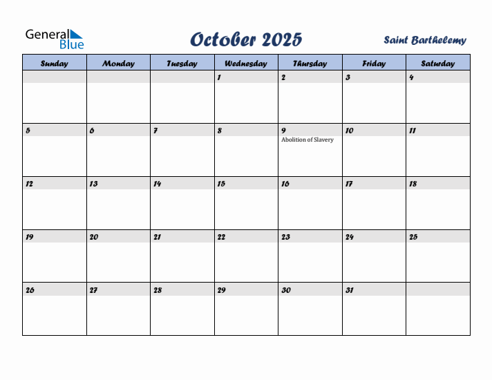 October 2025 Calendar with Holidays in Saint Barthelemy