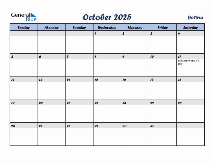 October 2025 Calendar with Holidays in Bolivia