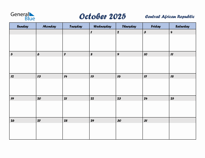 October 2025 Calendar with Holidays in Central African Republic