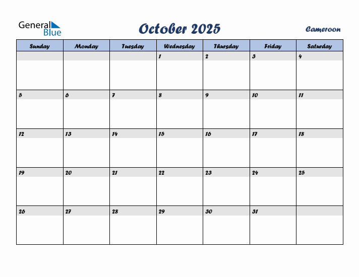 October 2025 Calendar with Holidays in Cameroon