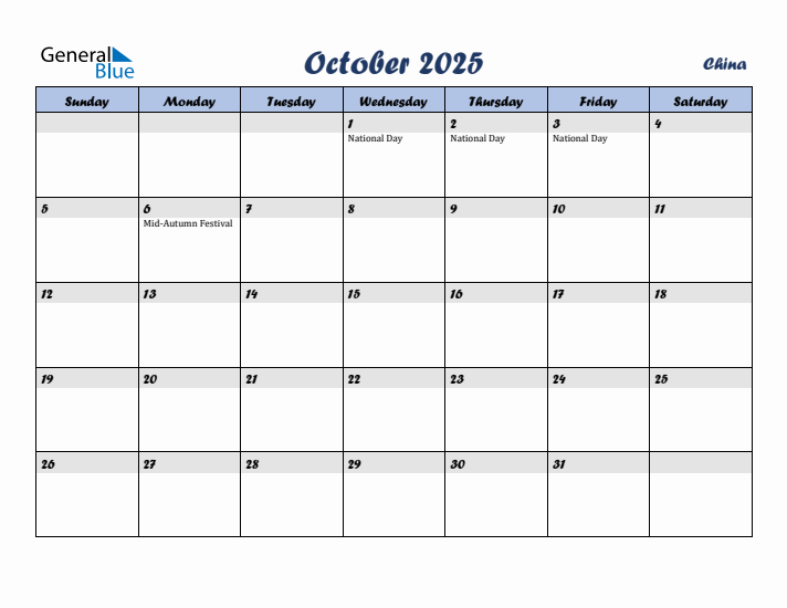 October 2025 Calendar with Holidays in China