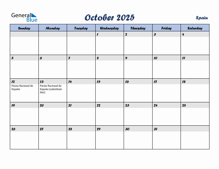 October 2025 Calendar with Holidays in Spain