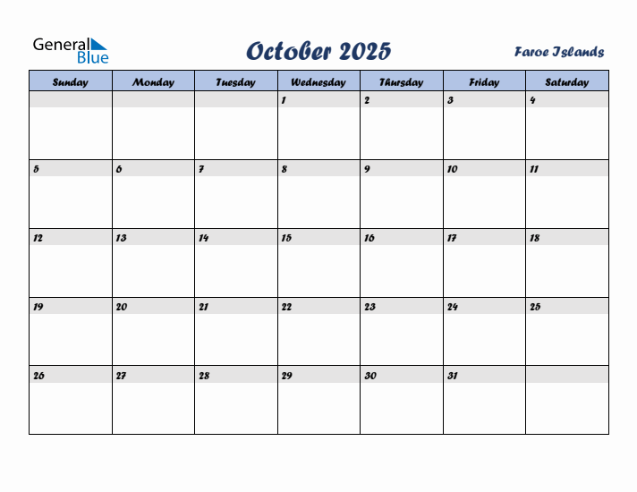 October 2025 Calendar with Holidays in Faroe Islands