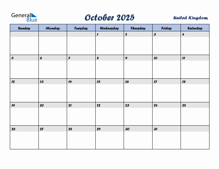 October 2025 Calendar with Holidays in United Kingdom