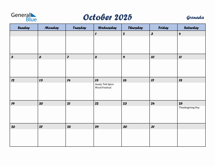 October 2025 Calendar with Holidays in Grenada