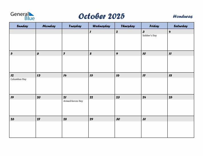 October 2025 Calendar with Holidays in Honduras