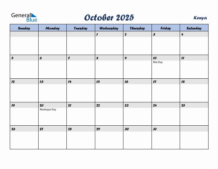 October 2025 Calendar with Holidays in Kenya