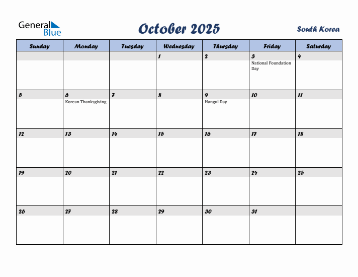 October 2025 Calendar with Holidays in South Korea