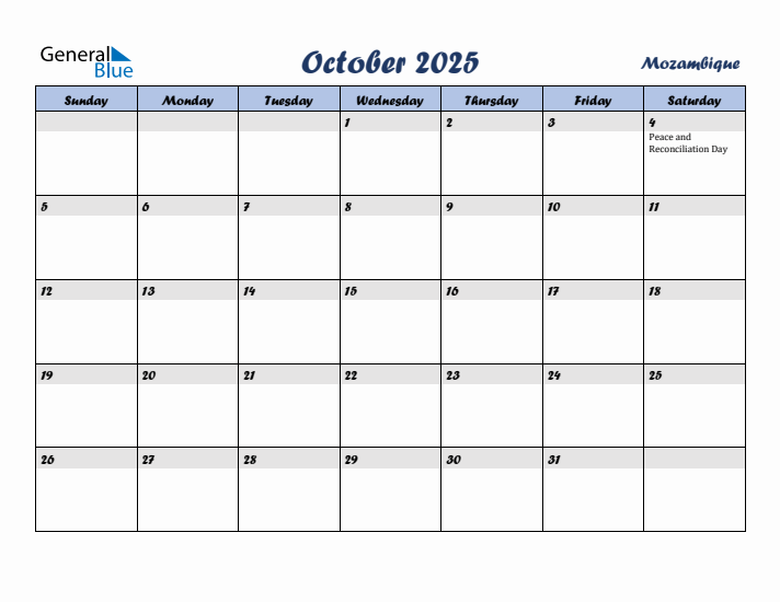 October 2025 Calendar with Holidays in Mozambique