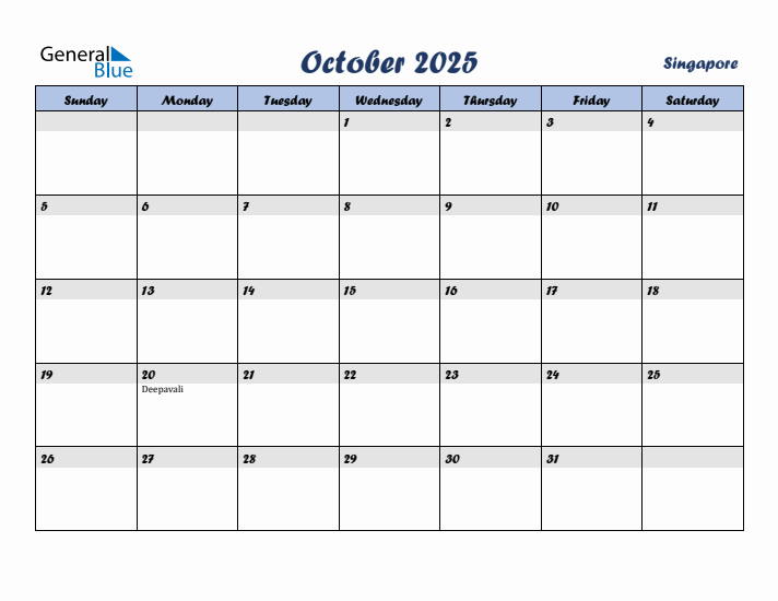 October 2025 Calendar with Holidays in Singapore