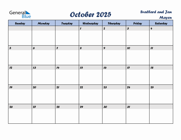October 2025 Calendar with Holidays in Svalbard and Jan Mayen