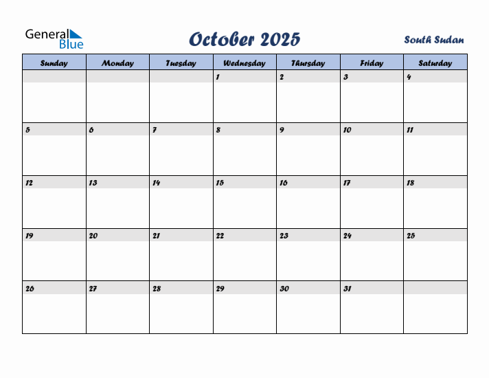 October 2025 Calendar with Holidays in South Sudan