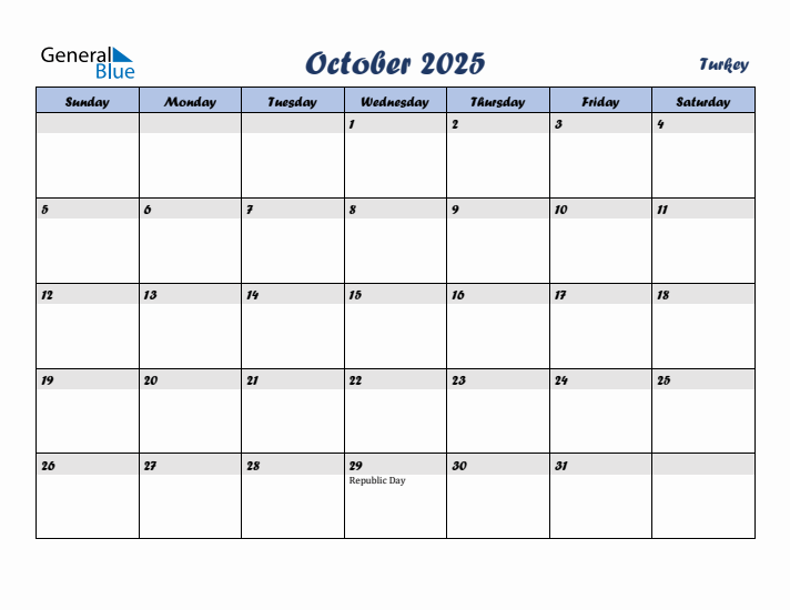 October 2025 Calendar with Holidays in Turkey