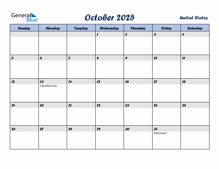 October 2025 Calendar with Holidays in United States