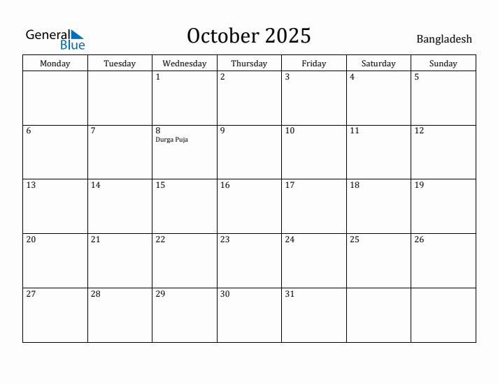 October 2025 Calendar Bangladesh